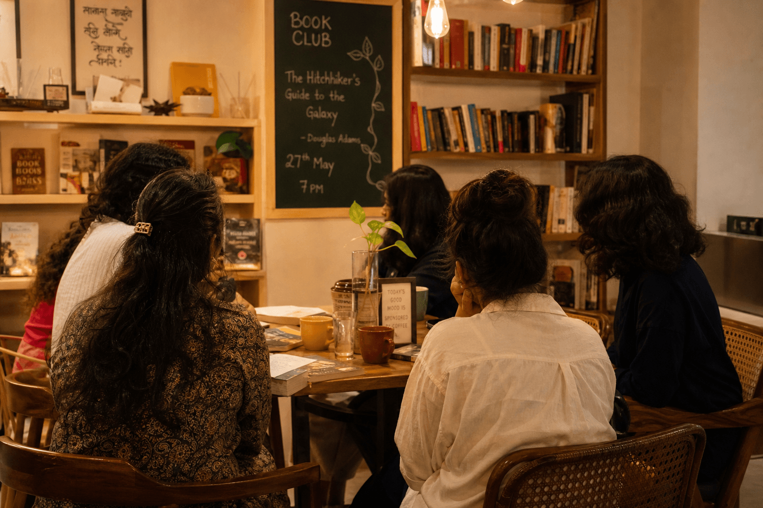 A cozy book club meetup in a cafe with readers discussing books over chai